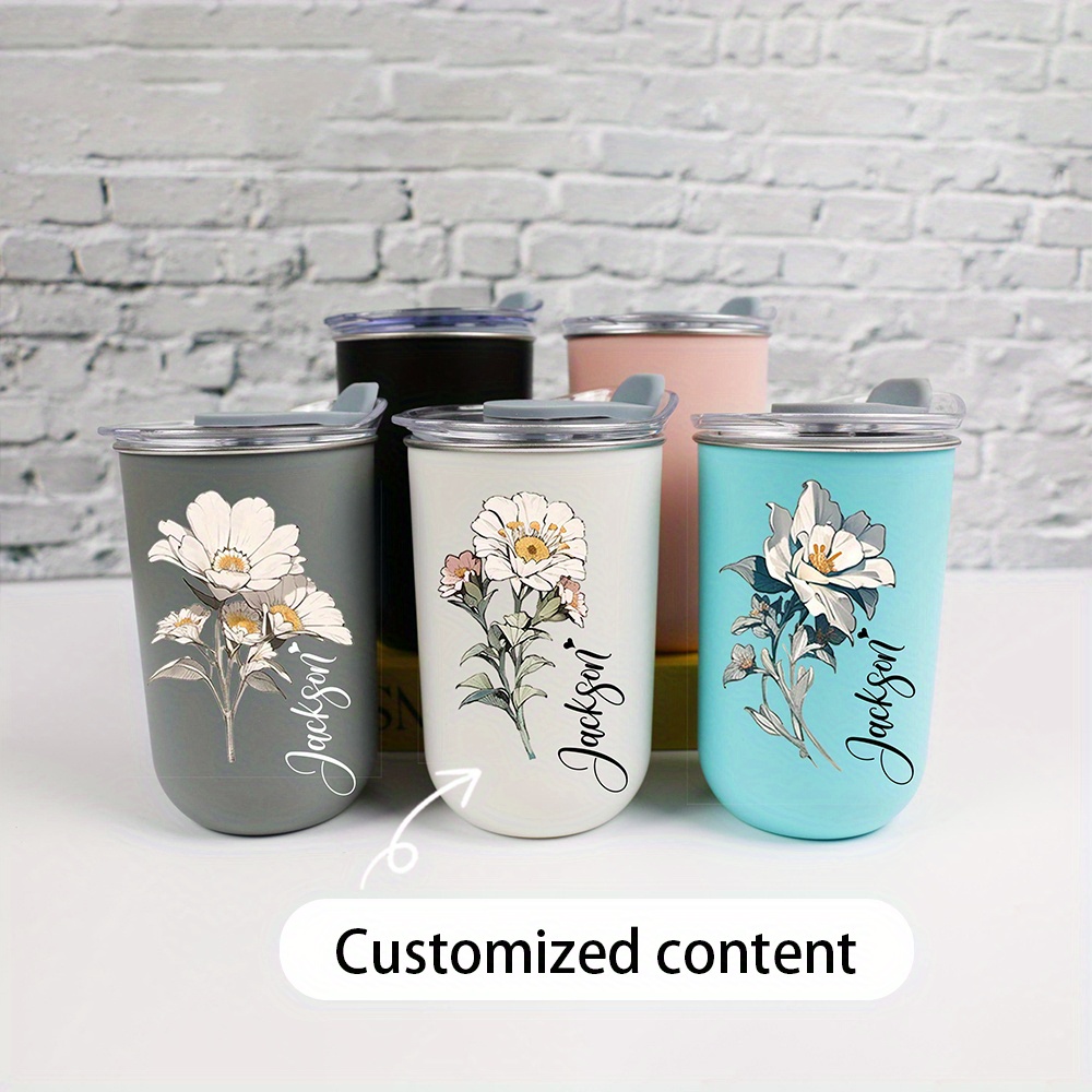 Coffee Equipment Gift - แก้วเก็บความเย็นสแตนเลสลายดอกไม้สีขาววินเทจพร้อมชื่อสั่งทำพิเศษ, แก้วกาแฟพกพาพร้อมฝาใส, ของขวัญแก้วเก็บความร้อนแบบพกพา