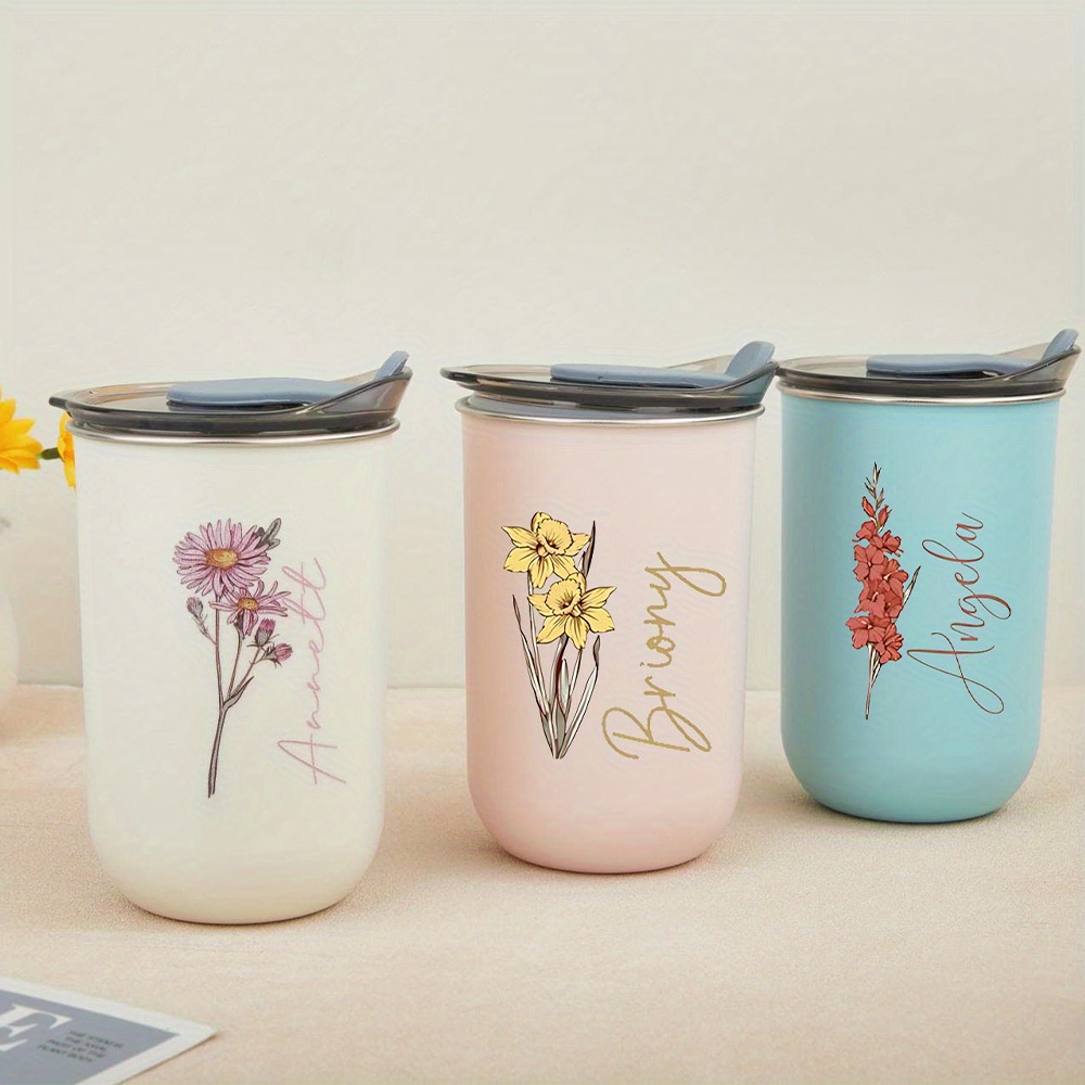 Coffee Equipment Gift - แก้วสแตนเลสลายดอกไม้สำหรับวันเกิดพร้อมฝาปิด, แก้วกาแฟเก็บอุณหภูมิพร้อมชื่อส่วนตัว, แก้วเดินทางลายดอกไม้เป็นของขวัญสำหรับผู้หญิง